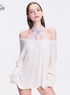 Hidden Butterfly优雅圆领露肩宽松舒适百搭针织长袖女显瘦罩衫白