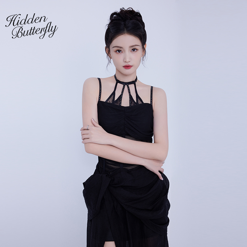 林小宅同款｜HiddenButterfly挂脖烫钻网纱聚拢文胸套装 星河捕梦
