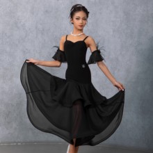 女童拉丁摩登艺考舞服新款2件套国标舞双层大摆裙训练功服半身裙