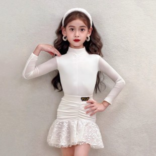 考级演出服透气高弹套装 2026TOP同款 女童拉丁舞奶油公主白冬长袖