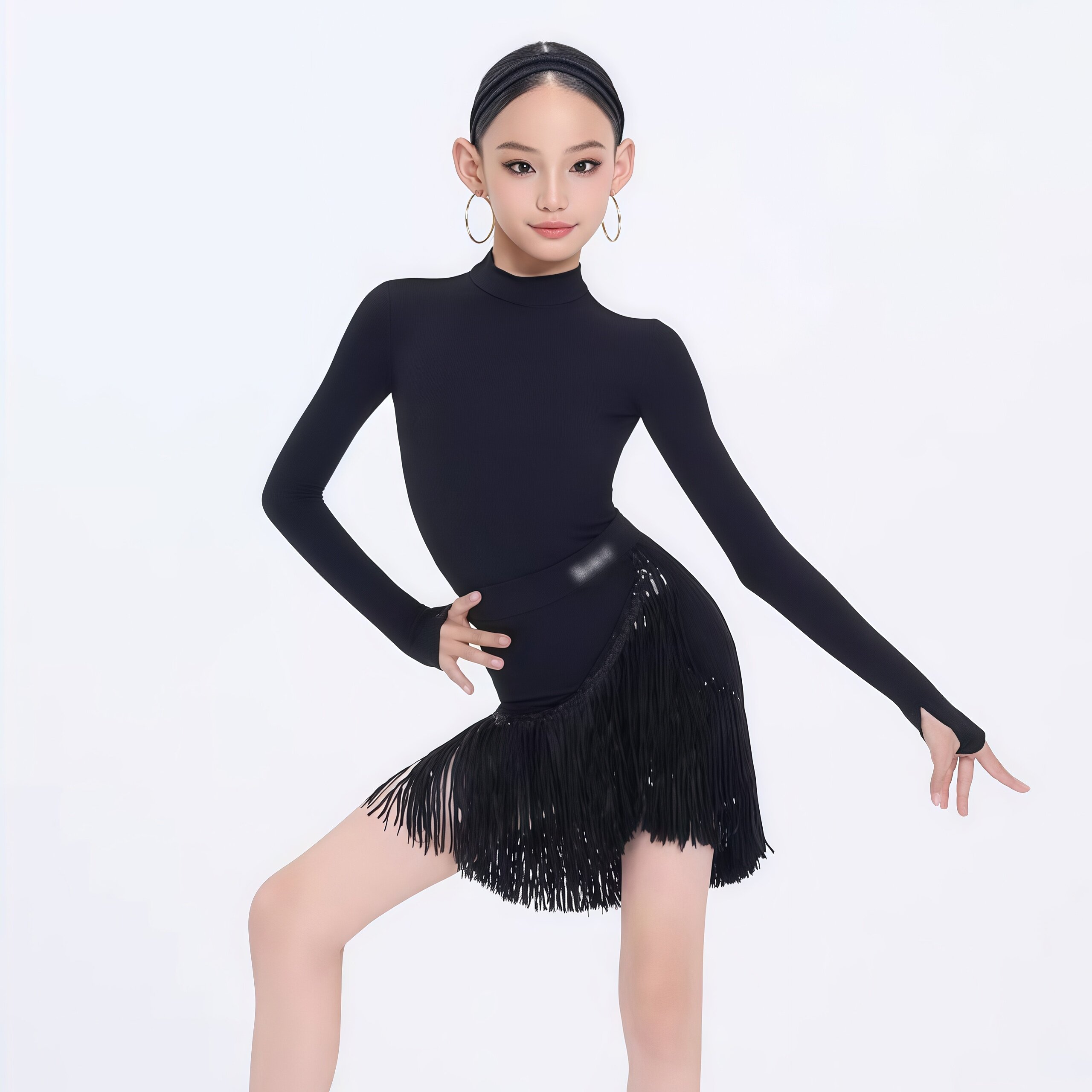 2026秋冬新款女童拉丁舞服表演服高领长袖连体上衣流苏半裙演出服