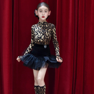 2026冬新款拉丁演出女童豹纹长袖后V上衣弹力网纱蓬蓬裙高级套装
