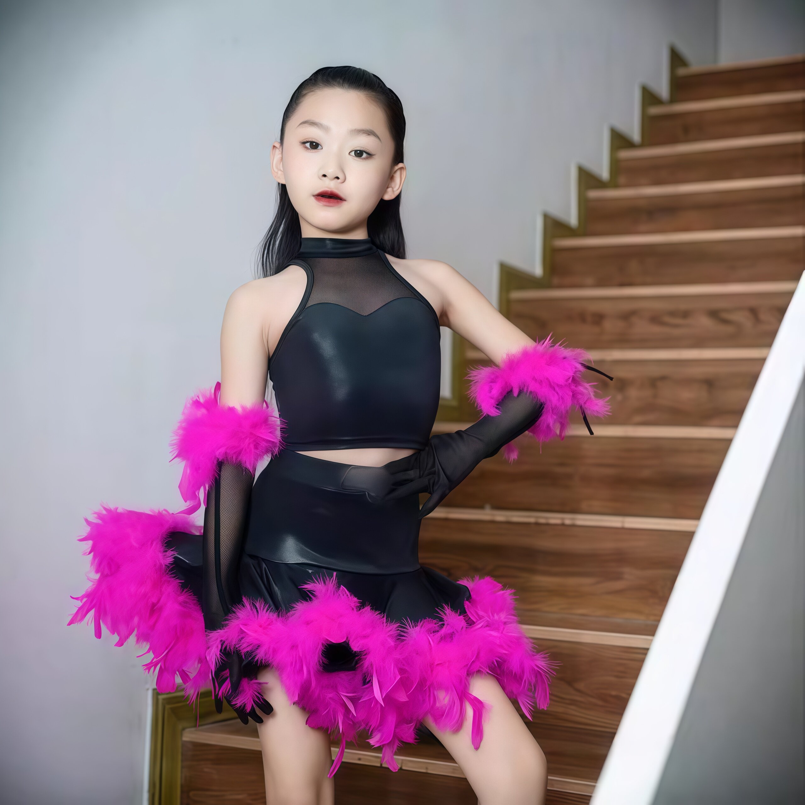 2026年新款演出服拉丁国标舞服女童团体仿皮镂空上衣鸵鸟毛蓬蓬裙