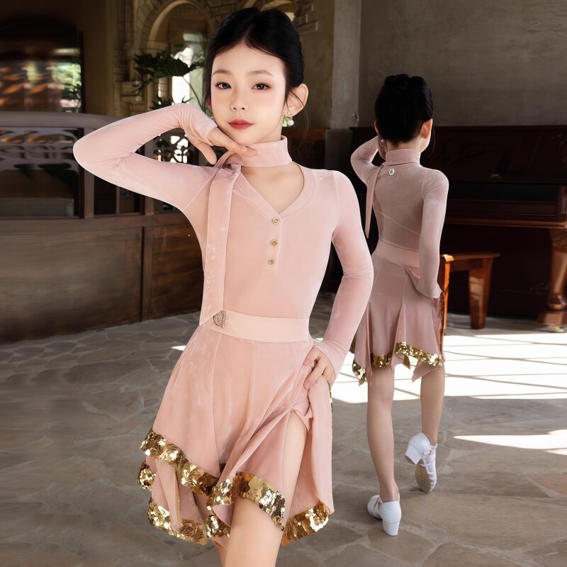 2026冬季新款女童拉丁舞服演出服丝绒长袖连体上衣不规则亮片半裙