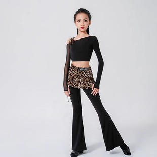 训练习功服 套装 冬新品 拉丁舞演出服女童露肩上衣裙摆拼接喇叭长裤