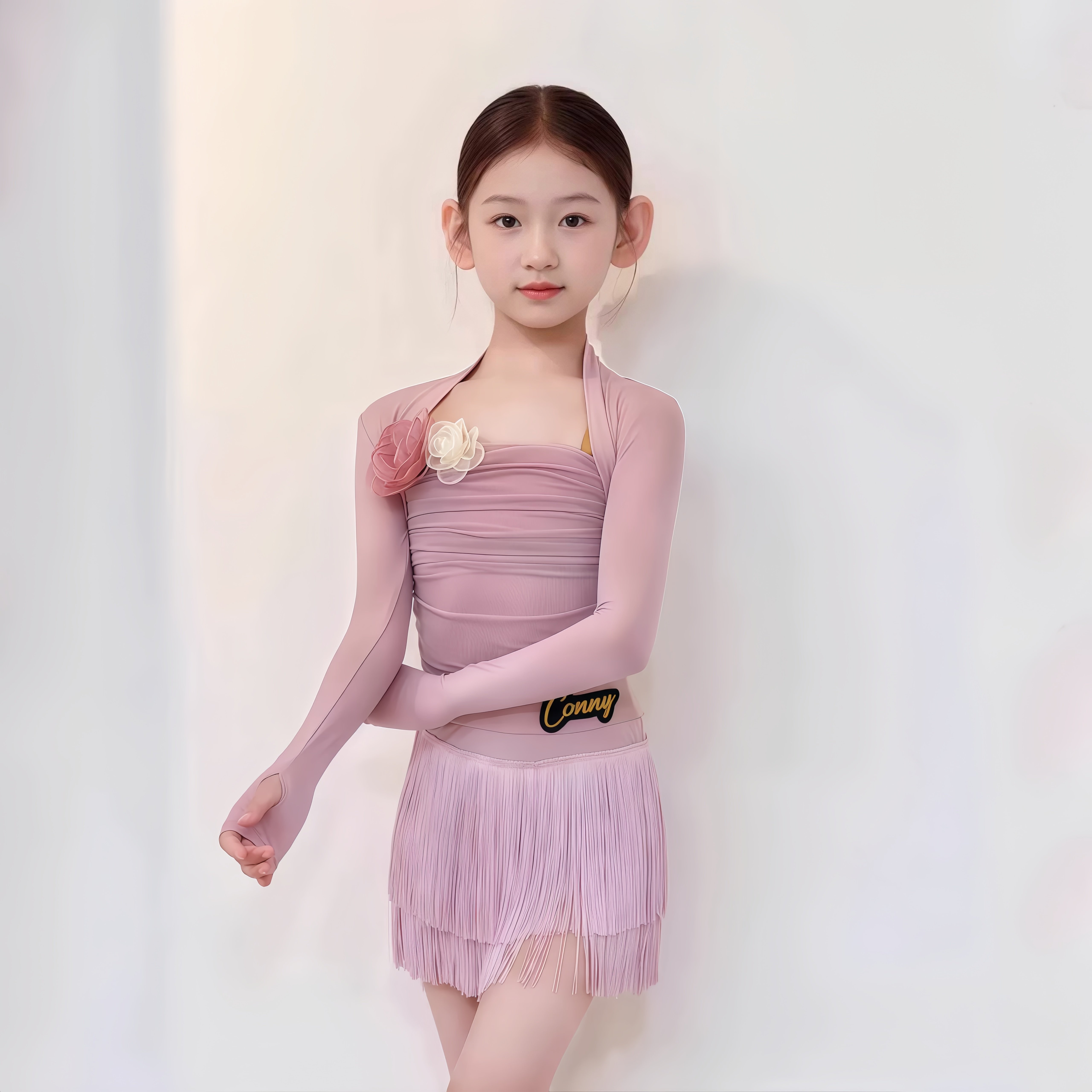 夏季新款拉丁舞服女童演出表演服长袖披肩花朵吊带上衣流苏裙套装