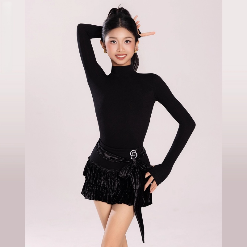 2026冬季新款女童拉丁舞服练习服高领长袖勾手连体上衣分体包臀裙