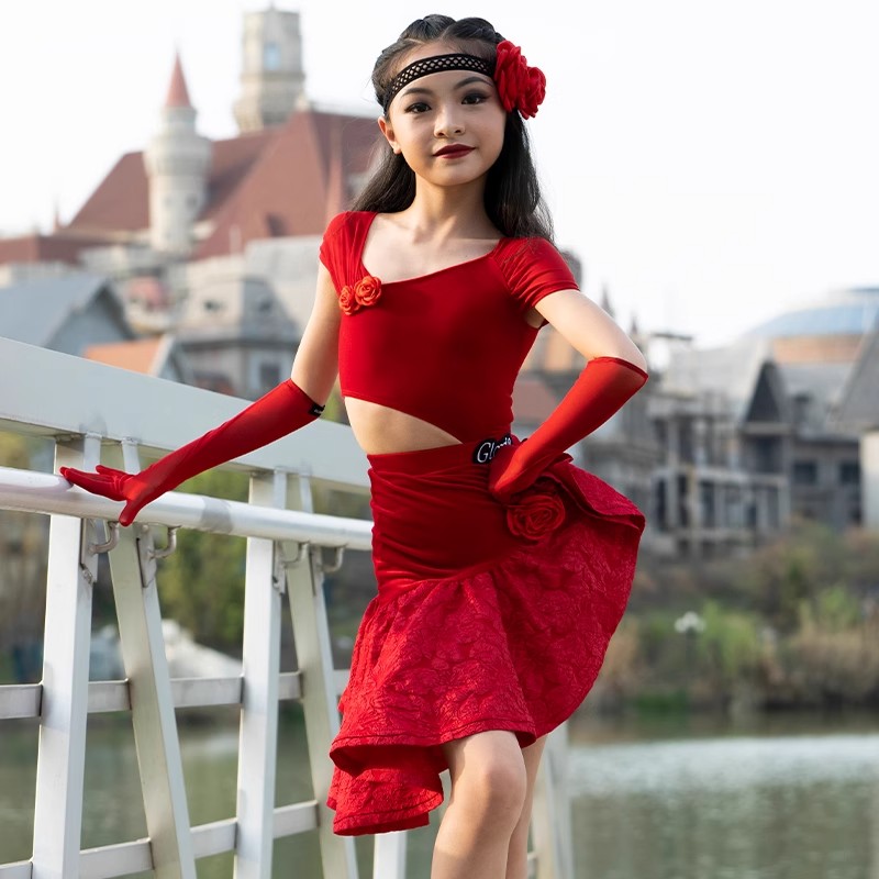 拉丁舞表演服女童短袖高端艺考服