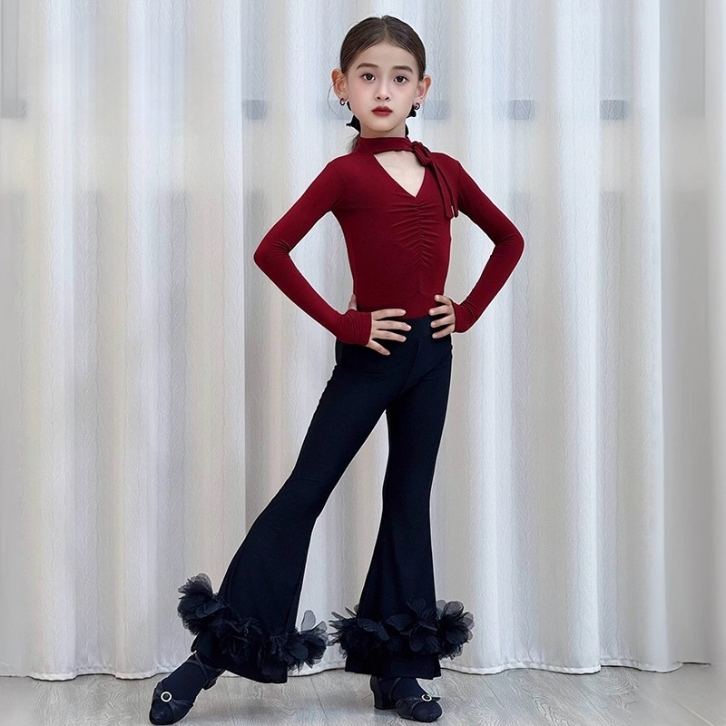 冬女儿童拉丁舞服长袖喇叭长裤