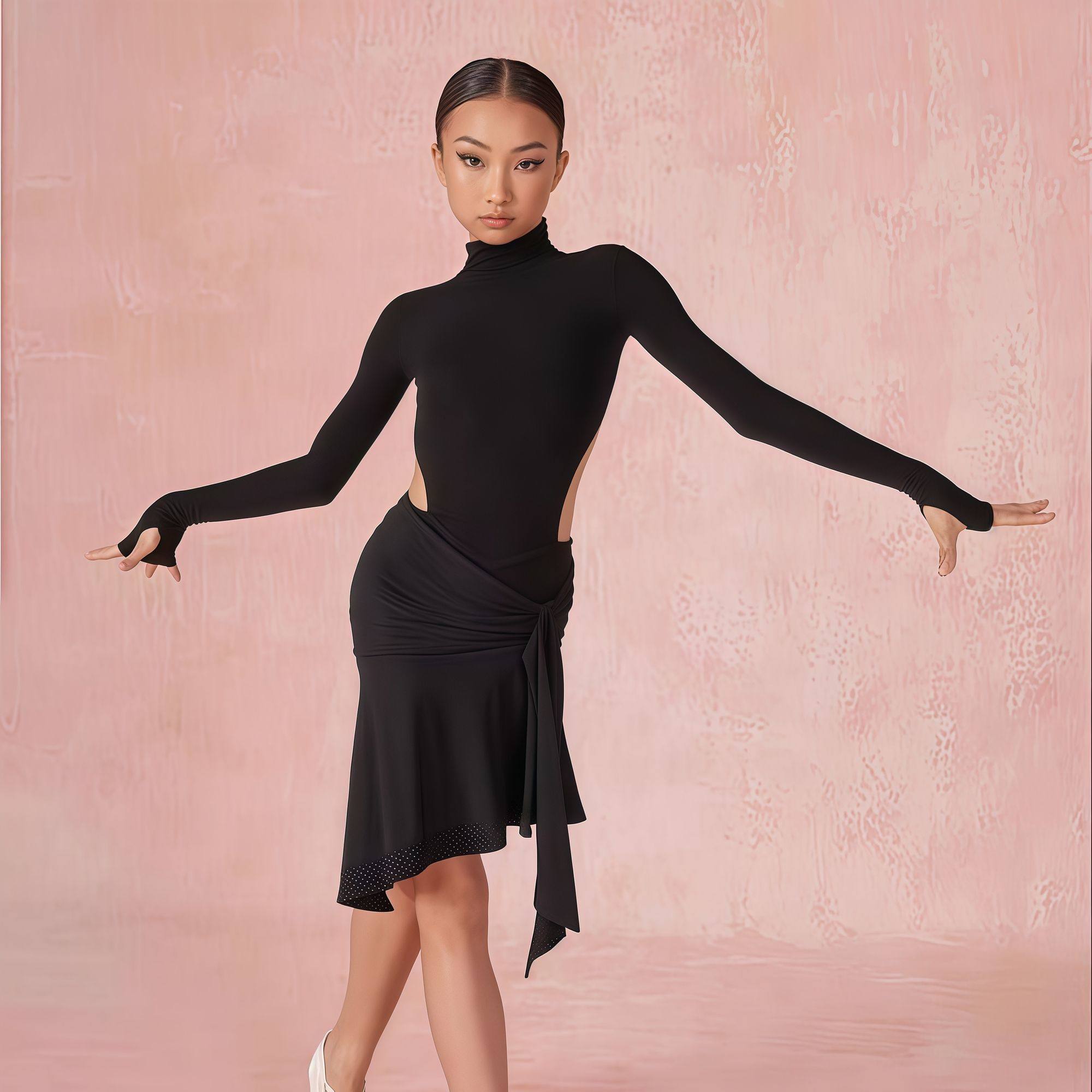 冬季新款女童拉丁舞服练习服高领镂空长袖连体上衣分体不规则半裙