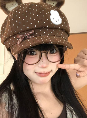 帽子女款2026新款兔耳朵贝雷帽春秋百搭显脸小文艺八角帽韩版女帽
