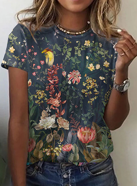 Printed casual sports crew neck T-shirt印花休闲运动圆领T恤女