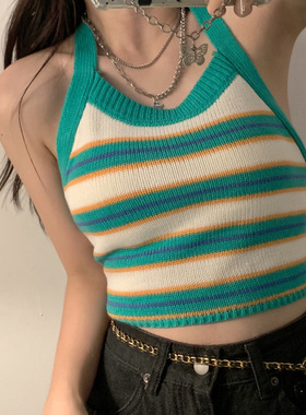 Striped Cropped Navel Halter Knit Tank Top条纹挂脖针织背心女