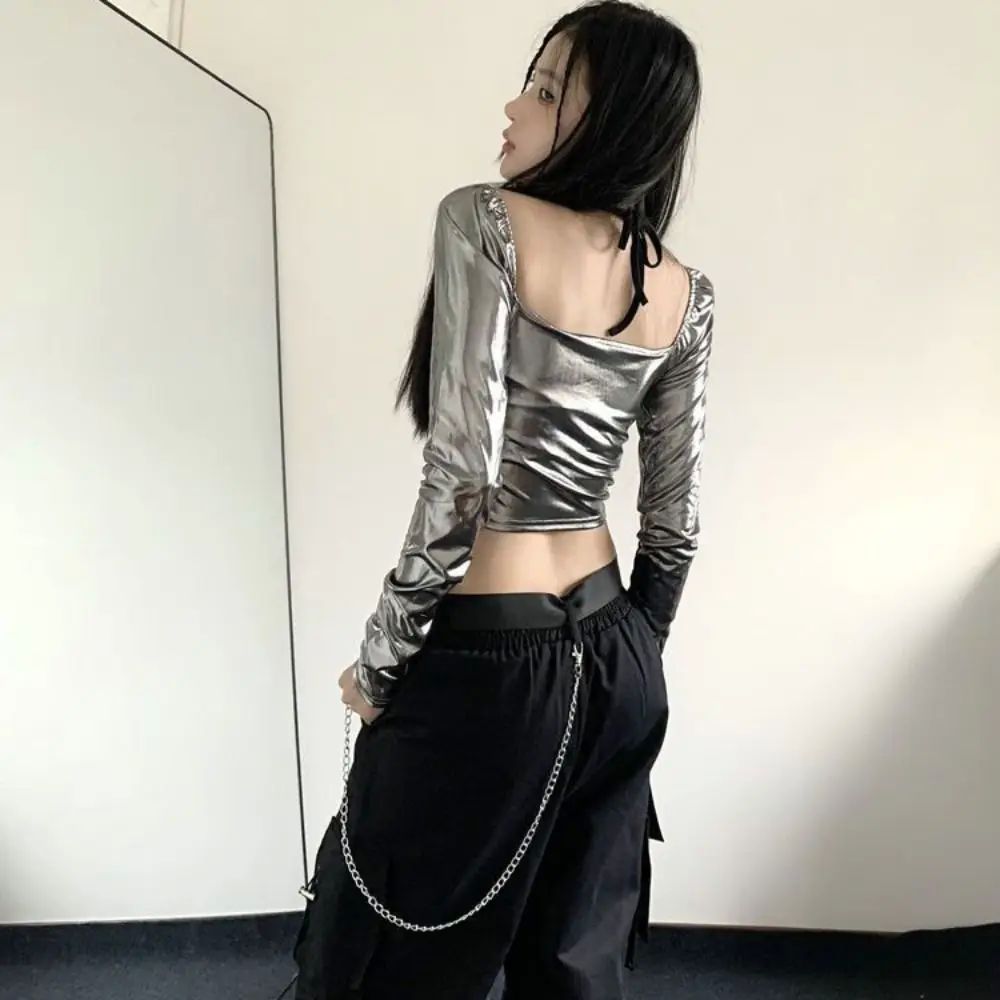 亮面拼接长袖假两件T恤女 Bright splicing long sleeved T-shirt