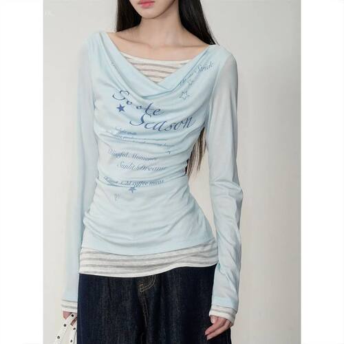 印花条纹长袖上衣 Printed  patchwork striped long sleeved top