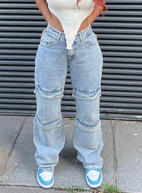 Simple pocket casual low waist overalls口袋休闲低腰工装长裤