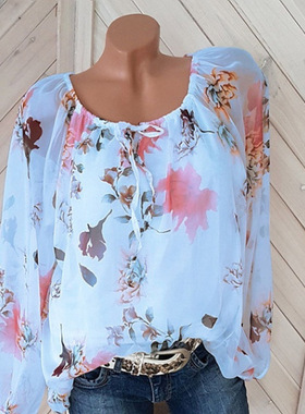 Casual Slotted Neck Printed Mesh Shirt休闲一字领印花网纱衬衣