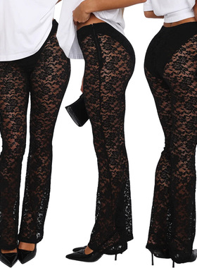 Lace see through micro flared pants女纯色蕾丝透视长款微喇裤
