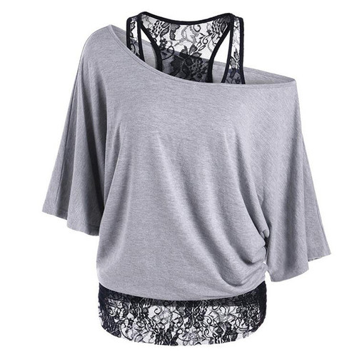 Lace vest diagonal neck loose t-shirt蕾丝背心斜领宽松女士T恤