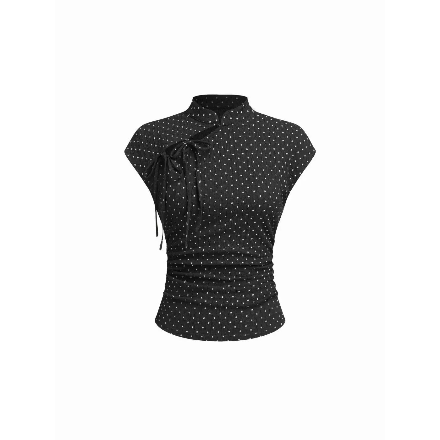 立领波点绑带上衣Stand up collar polka dot strap slimming top - 实物图