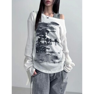 shoulder off two t恤 sleeved tops假两件露肩印花长袖 long Fake