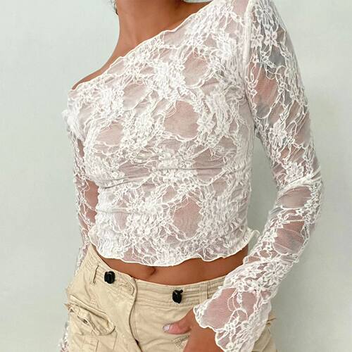 Solid color lace patchwork long sleeved top纯色蕾丝长袖上衣
