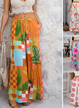 Printed lace up versatile casual pants印花系带百搭休闲阔腿裤