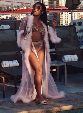 Solid Color Casual Frayed Mesh Robe纯色休闲毛边网纱睡袍休闲