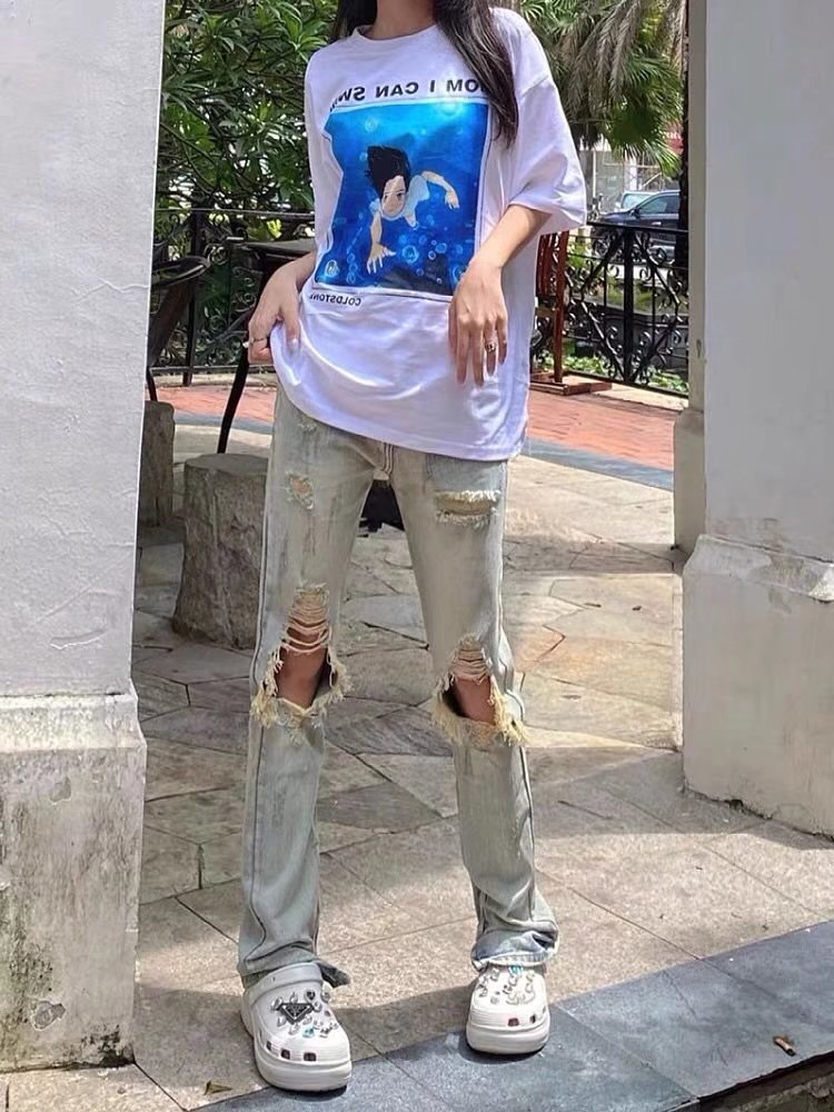 High waist loose straight cut jeans高腰宽松直筒破洞牛仔裤女