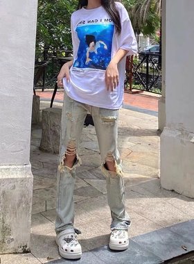 High waist loose straight cut jeans高腰宽松直筒破洞牛仔裤女