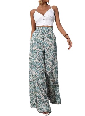 Color blocking printed wide leg pants女高腰撞色印花阔腿长裤