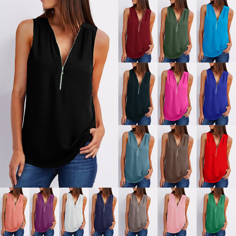 Solid V-Neck Sleeveless Loose T-Shirt纯色V领无袖宽松女士 T恤