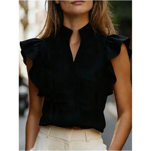 V领荷叶边无袖衬衫V-neck solid color ruffled sleeveless shirt