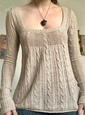 Solid Color Square Neck Casual Knit Top纯色方领休闲针织上衣