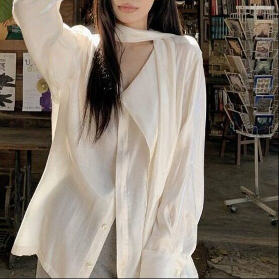 韩系白色飘带防晒衬衫外套女夏季新款高级感宽松衬衣开衫外搭上衣