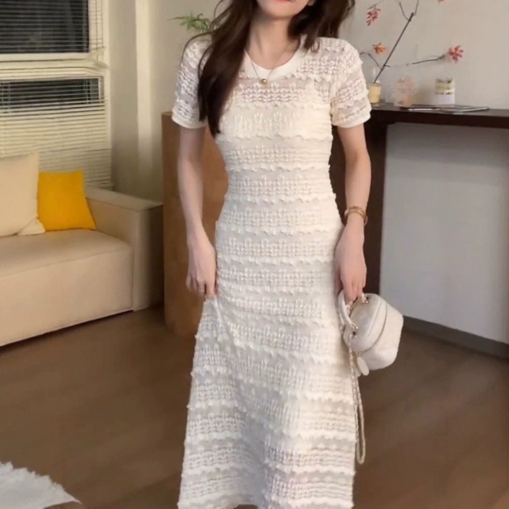 法式白色蕾丝连衣裙女2026年夏季新款御姐风收腰温柔系短袖长裙子