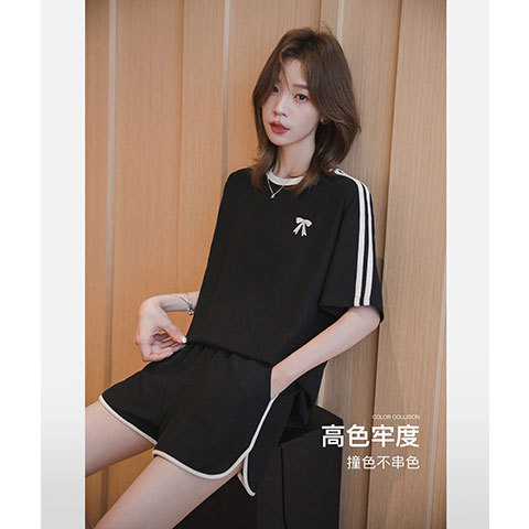 韩系蝴蝶结上衣短裤女夏季两件套大码胖妹妹休闲宽松显瘦运动套装