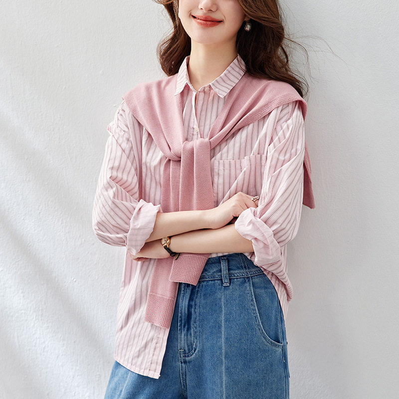 粉色条纹衬衫女长袖2026春装新款上衣针织披肩上衣设计感女式衬衣