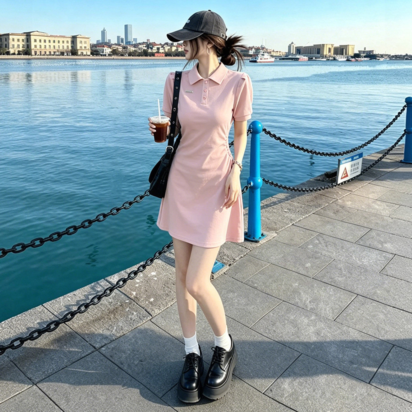 polo领短袖连衣裙女收腰显瘦设计感抽绳辣妹气质宽松大码包臀短裙