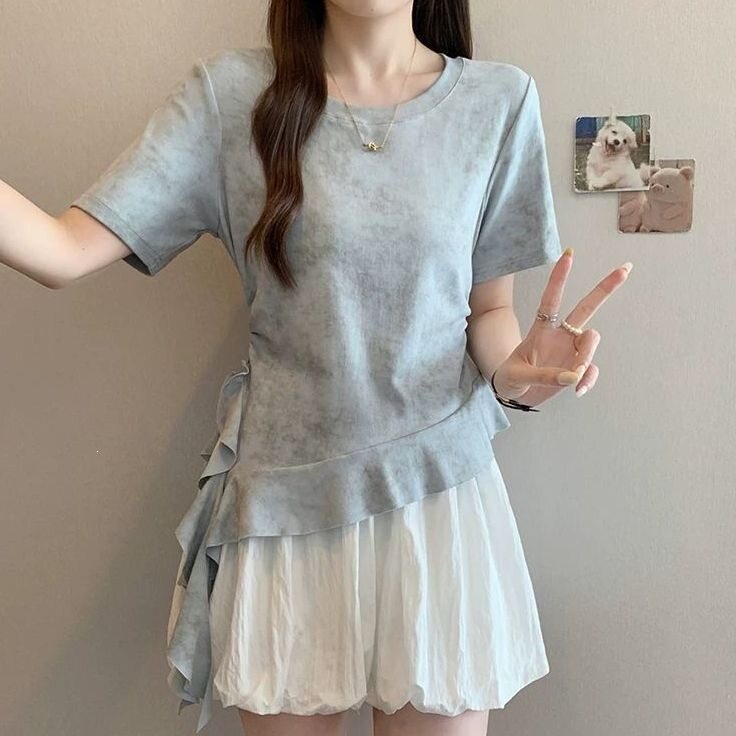 NUNBAI大码扎染不规则正肩短袖女t恤夏胖mm修身显瘦法式荷叶边短