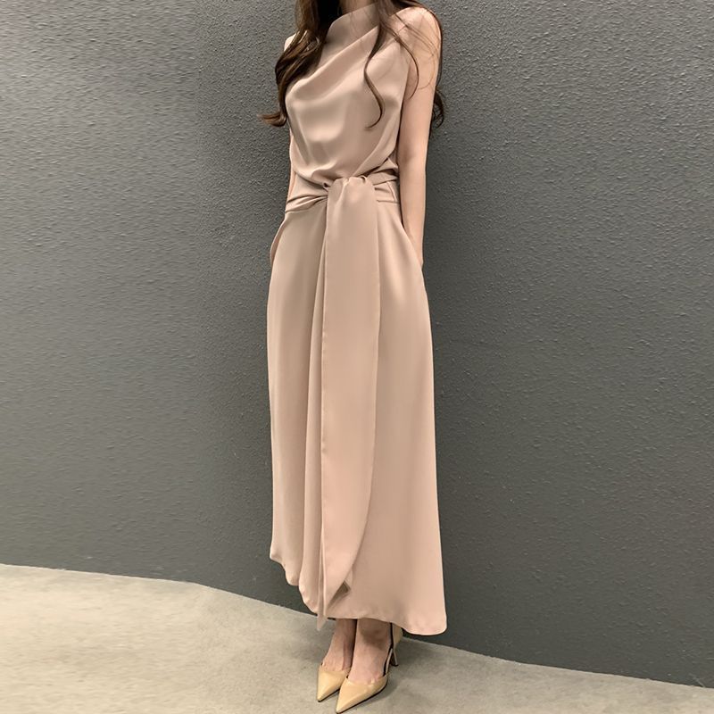 夏季连衣裙女韩系chic法式优雅堆堆领绑带收腰显瘦无袖背心中长裙