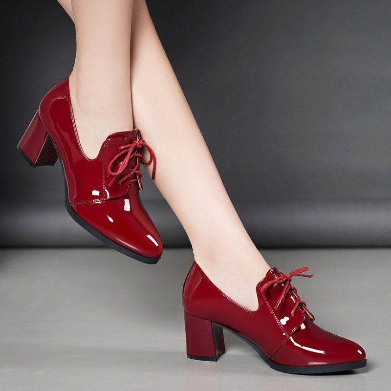 薏尔康2025春秋新款真皮高跟女单鞋深口尖头系带粗跟时尚小皮鞋女,女鞋,深口单鞋,淘宝优惠券,粉丝福利购,淘宝优惠卷