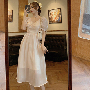 法式 女装 流光连衣裙伴娘领证裙遮肚显瘦暮云纱仙女裙 大码 胖mm夏季