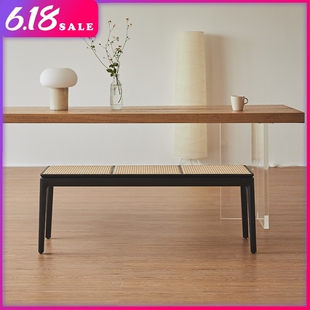 度仓实木长条凳子黑胡桃原木办公桌藤编软包餐椅玄关换鞋床尾板凳