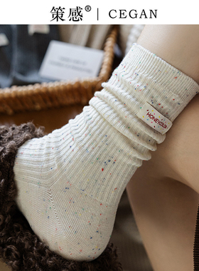 白色布标堆堆袜子女春秋季点子纱中筒袜配鲨鱼裤勃肯鞋字母棉长袜