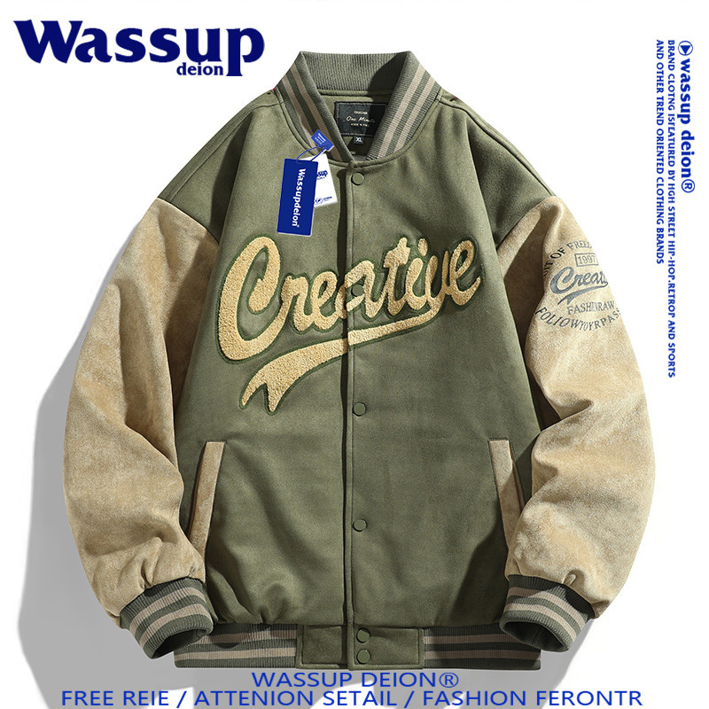 Wassupdeion潮牌麂皮绒棒球服外套男秋冬季刺绣学生情侣款夹克衫
