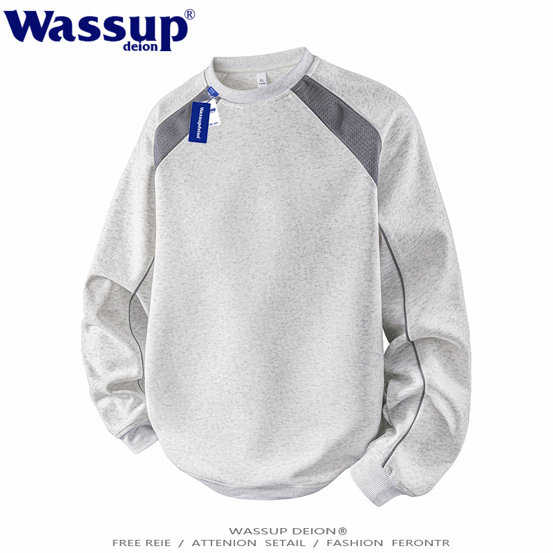WASSUP DEION日系拼色圆领卫衣男秋冬季潮流情侣款运动百搭套头衫