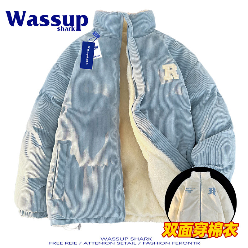 Wassupdeion冬季羊羔绒棉袄外套男情侣款双面穿棉衣女灯芯绒夹克
