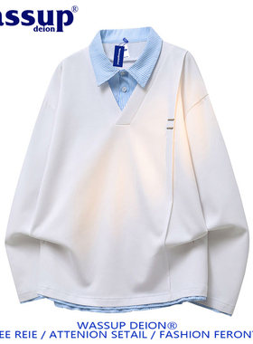 wassup deion春季青少年慵懒风假两件卫衣男潮流情侣款翻领套头衫