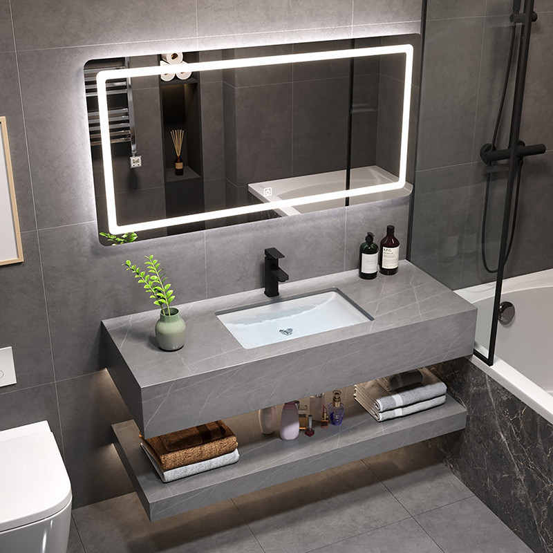 卫生间简约浴室柜组合双层岩板一体盆智能镜洗脸手盆柜洗漱台定制